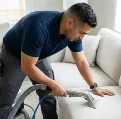 Professional upholstery cleaning technician using an extraction wand to deep-clean a fabric sofa, Akron, OH.